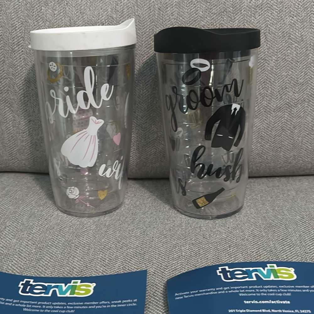 tervis Bride and Groom Travel Tumblers with White and Black Lids